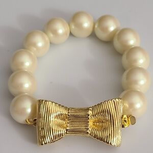 New Kate Spade Bow Pearl Bracelet All Wrapped Up In Pearls Gold Hidden Clasp
